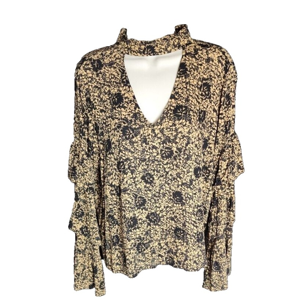 Nordstrom BP Women's M Black Brown Bell Sleeve Mock Neck Dressy Blouse Boho